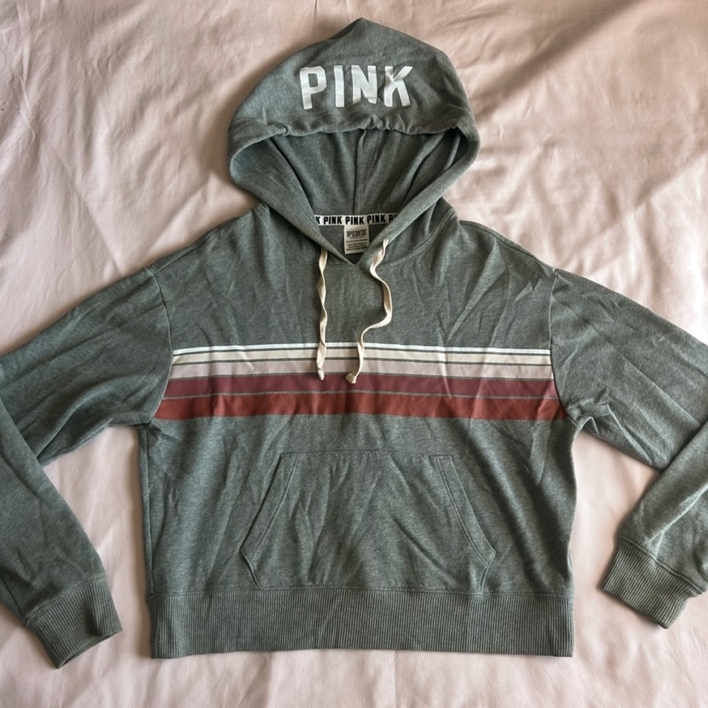 PINK Retro Gray Cropped Hoodie – Size XS